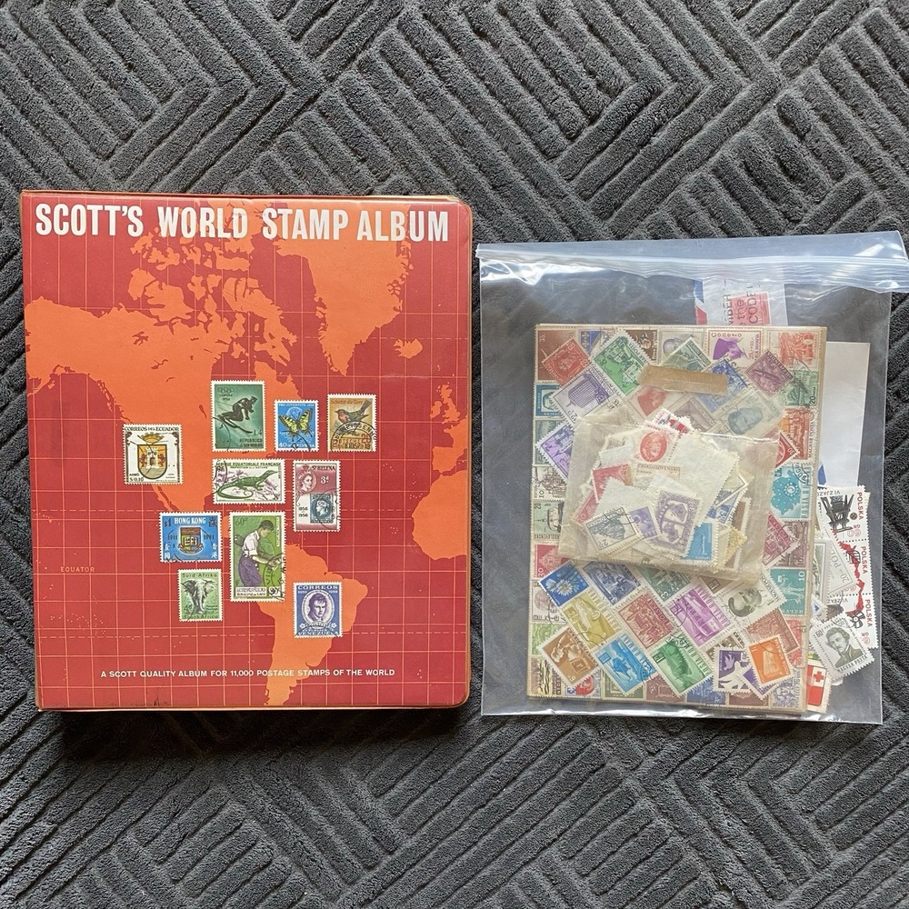 Scott's World Stamp Book Album 1974 Scott, pub Co. NY Orange binder & stamps lot
